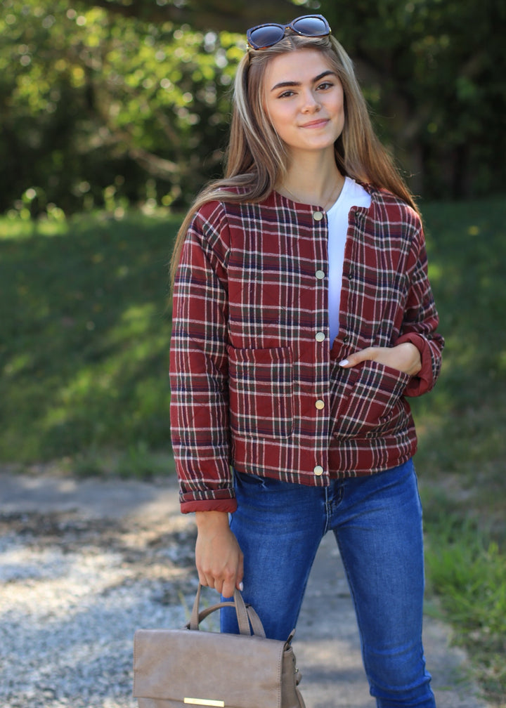 CLEARANCE FINAL SALE Aki Snap Button Plaid Quilted Jacket