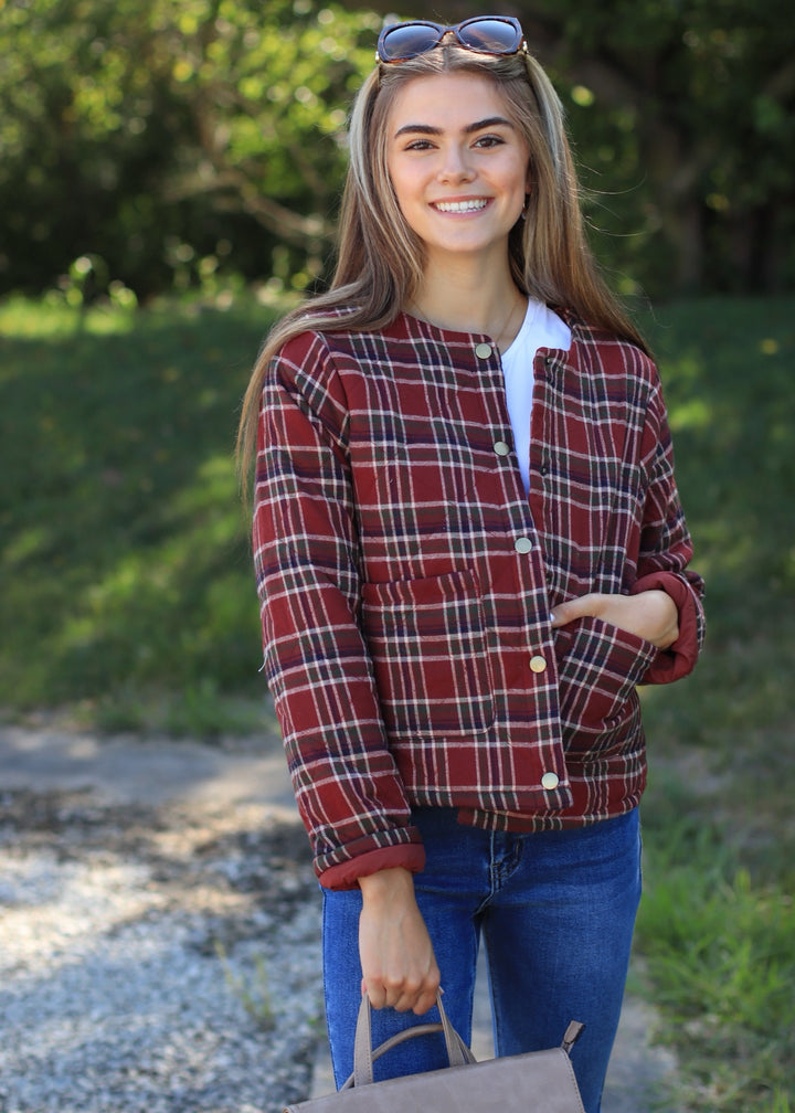 CLEARANCE FINAL SALE Aki Snap Button Plaid Quilted Jacket