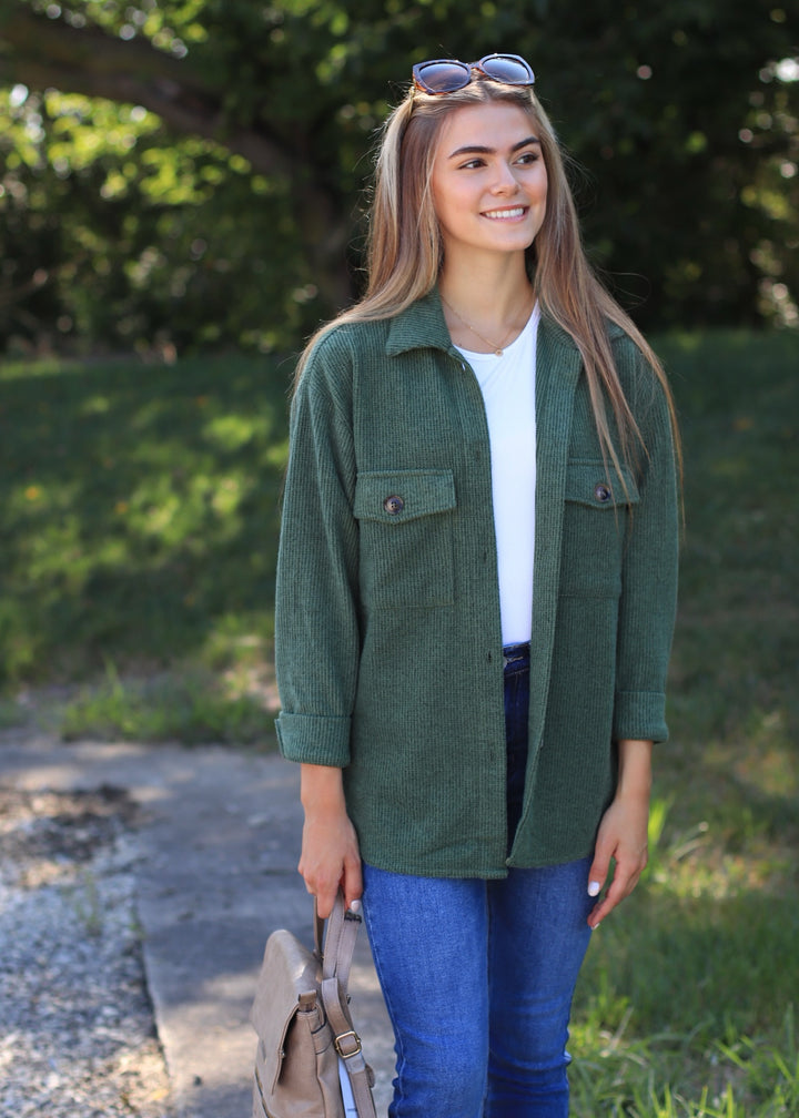 RESTOCK Fall Season Two Tone Shacket in Forest Green