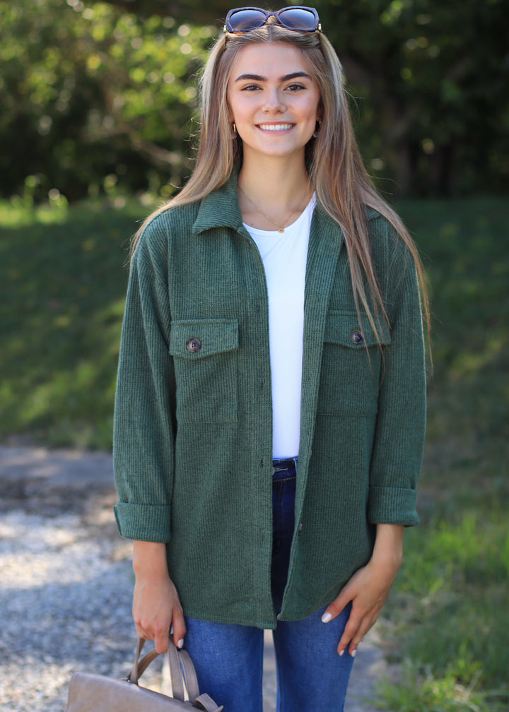 RESTOCK Fall Season Two Tone Shacket in Forest Green