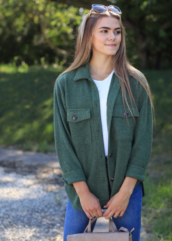RESTOCK Fall Season Two Tone Shacket in Forest Green