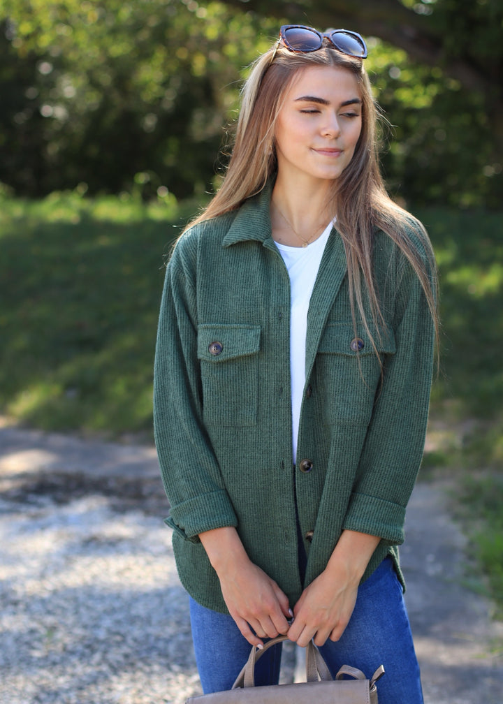 RESTOCK Fall Season Two Tone Shacket in Forest Green