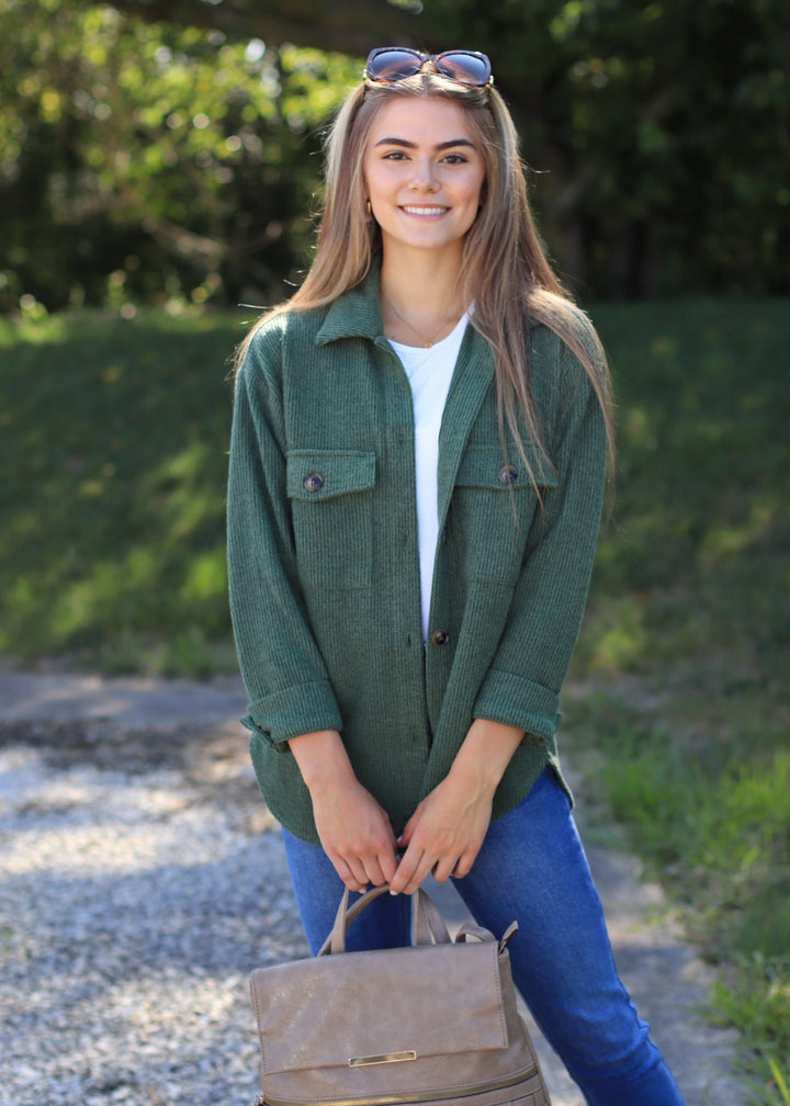 RESTOCK Fall Season Two Tone Shacket in Forest Green