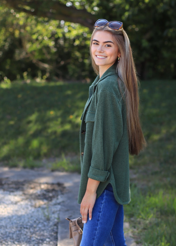 RESTOCK Fall Season Two Tone Shacket in Forest Green