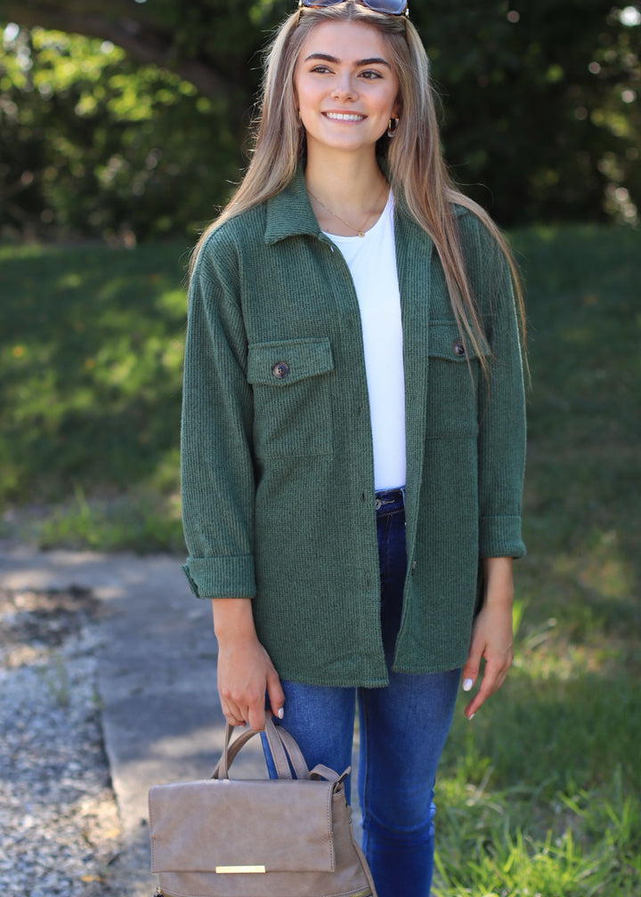RESTOCK Fall Season Two Tone Shacket in Forest Green