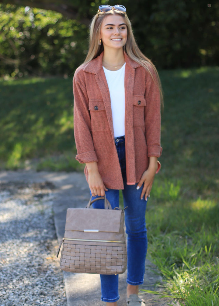 RESTOCK Fall Season Two Tone Shacket in Rust