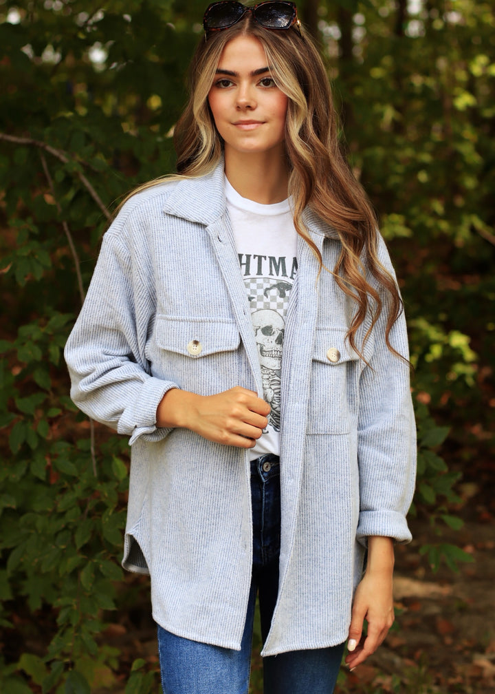 Fall Season Two Tone Shacket in Denim Blue