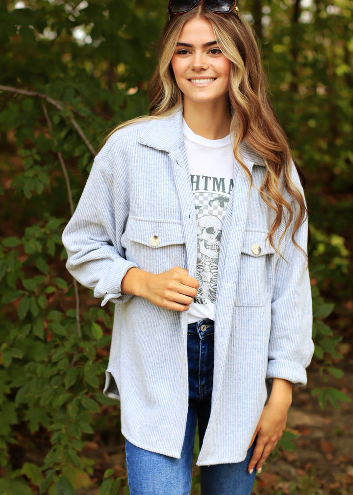 Fall Season Two Tone Shacket in Denim Blue