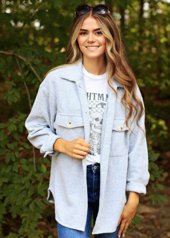 Fall Season Two Tone Shacket in Denim Blue