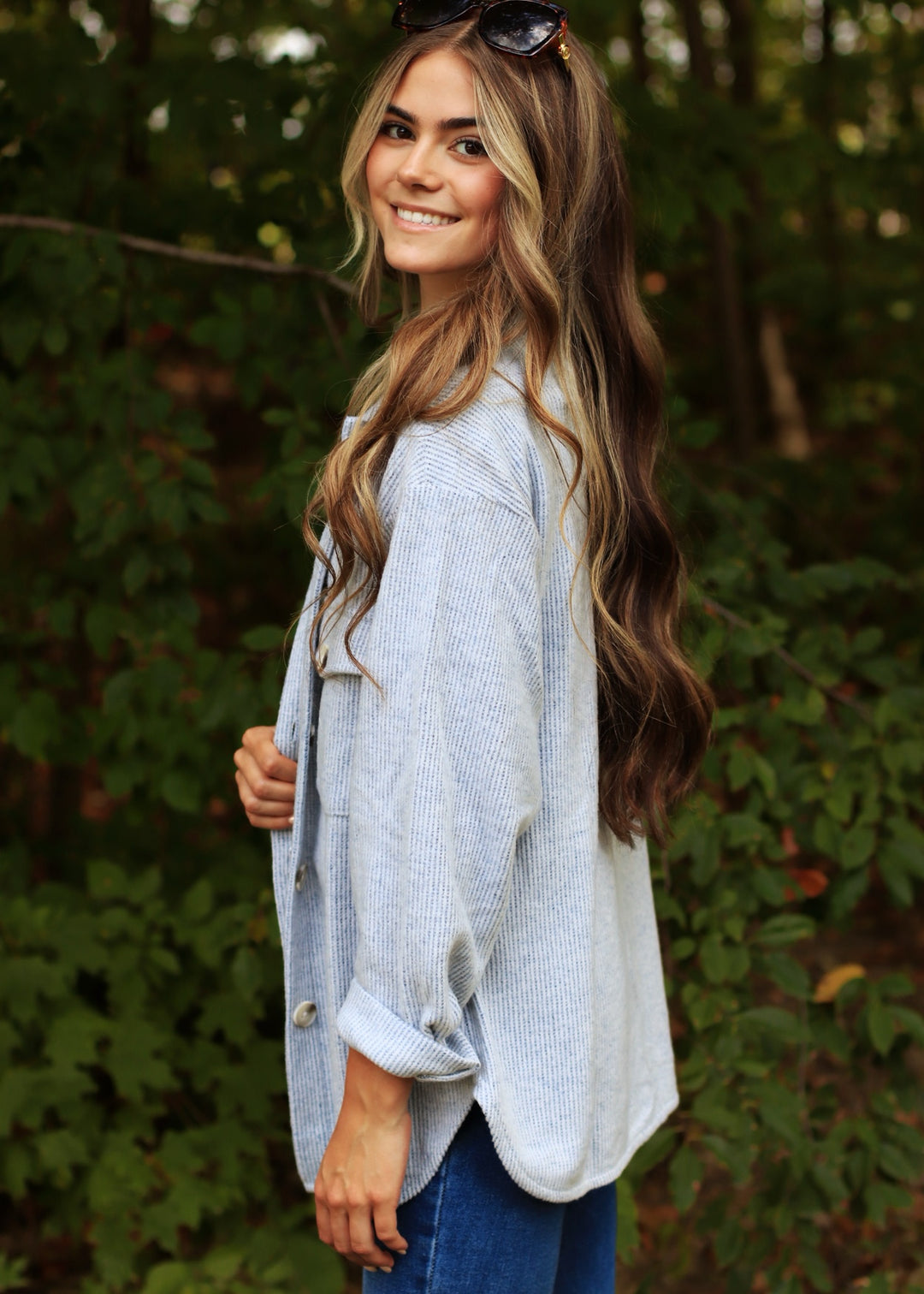 Fall Season Two Tone Shacket in Denim Blue