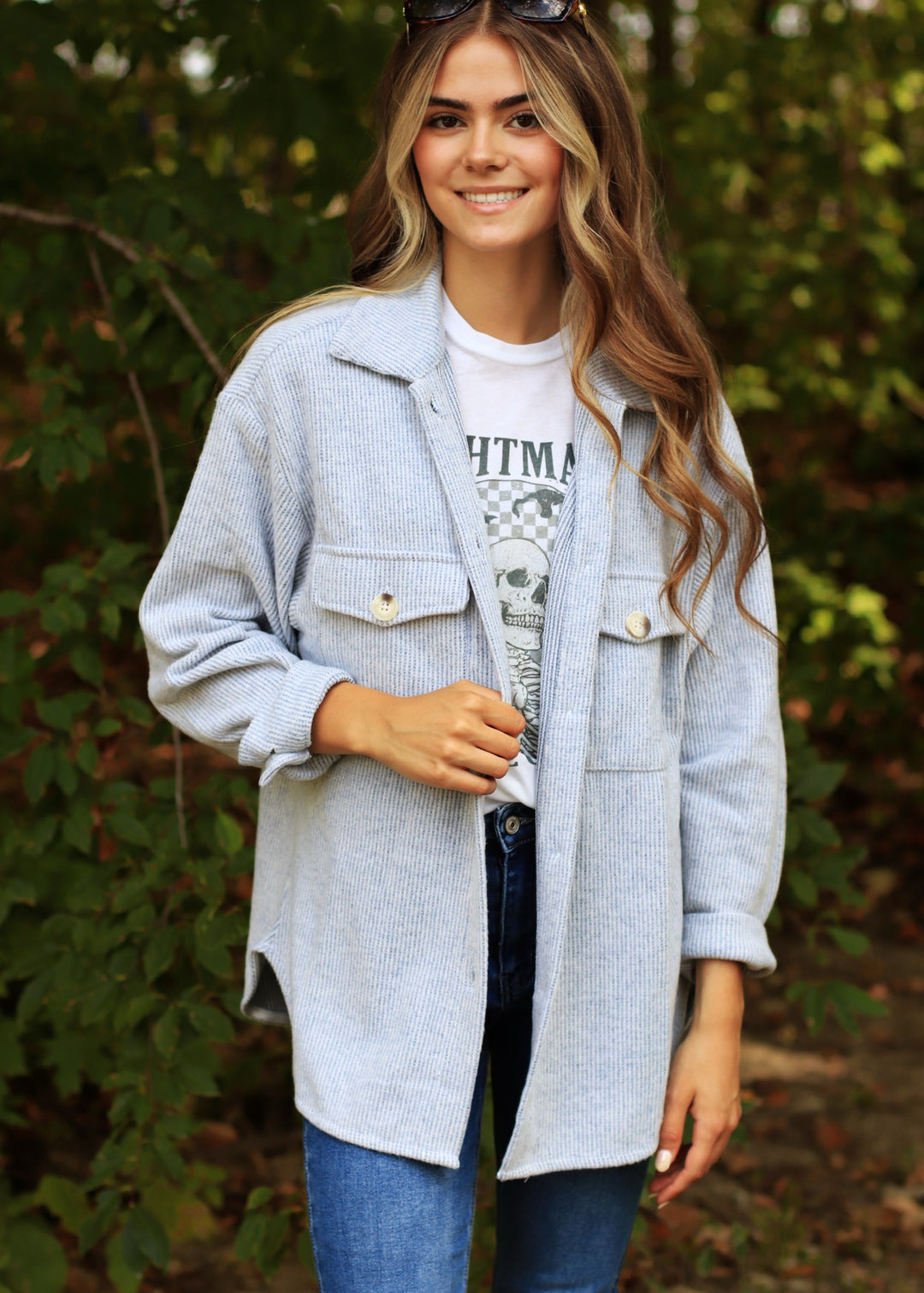 Fall Season Two Tone Shacket in Denim Blue