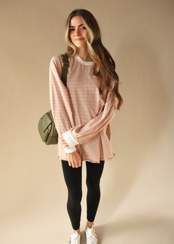 Blake Oversized Striped Pullover Top in Latte