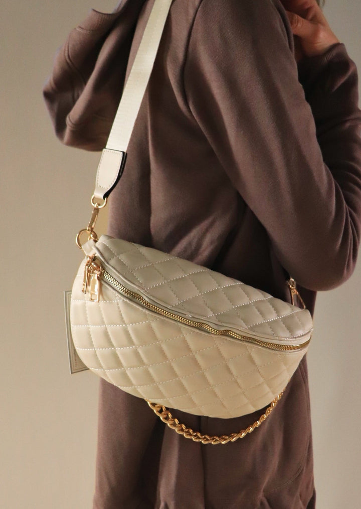 Sylvie Quilted Belt Bag with Chain Strap in Bone
