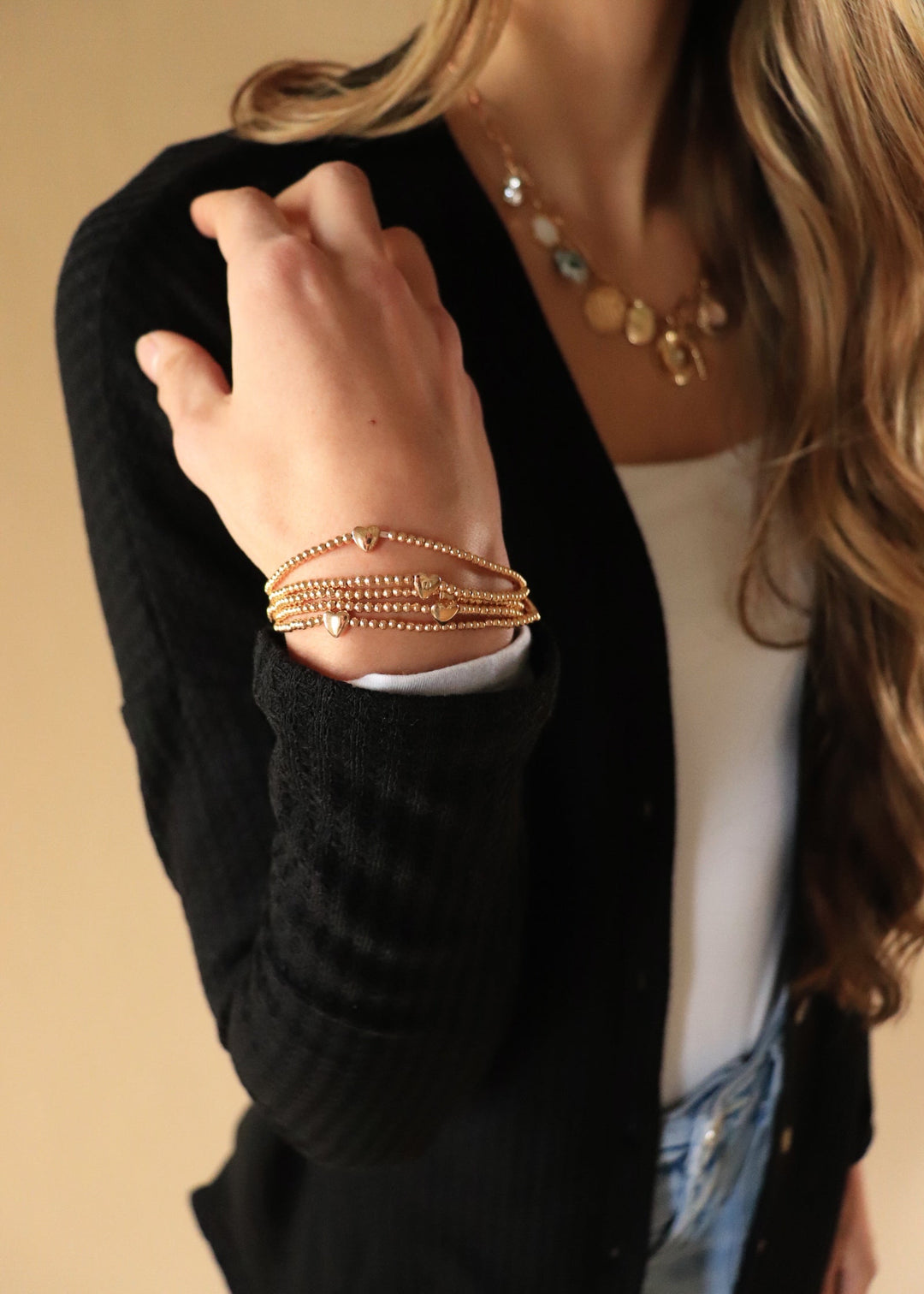 Metallic Heart Charms Beaded Bracelet Set