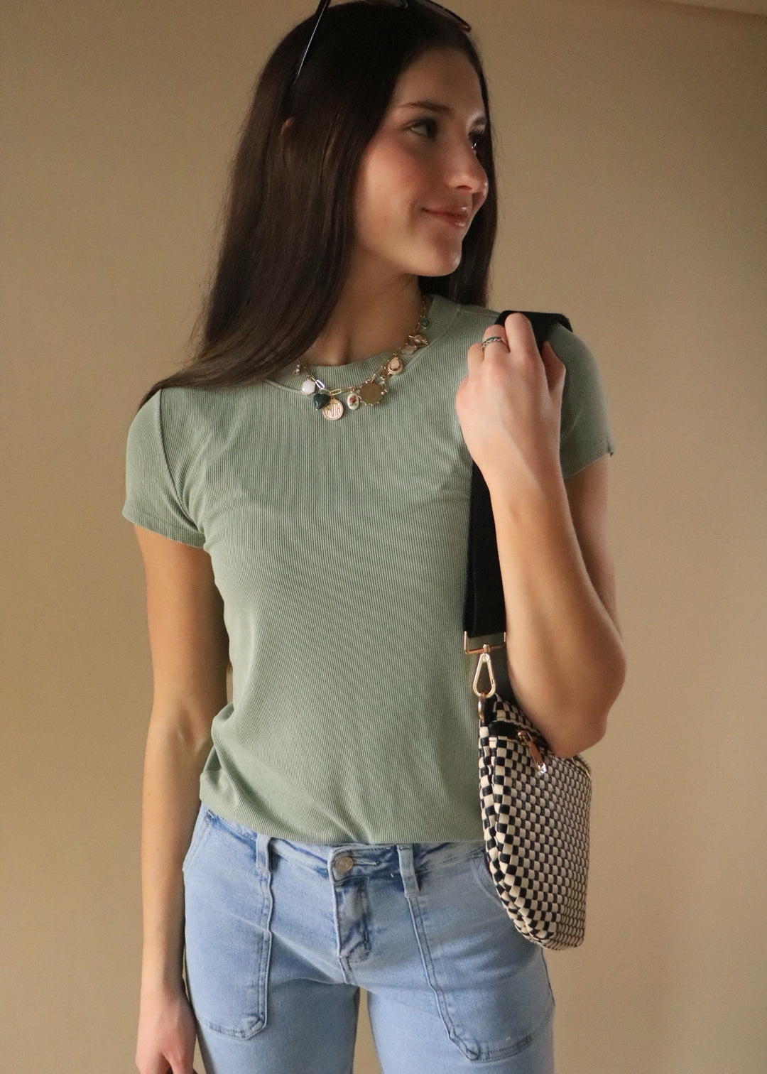 Classic Ribbed Crew Neck T-Shirt in Sage