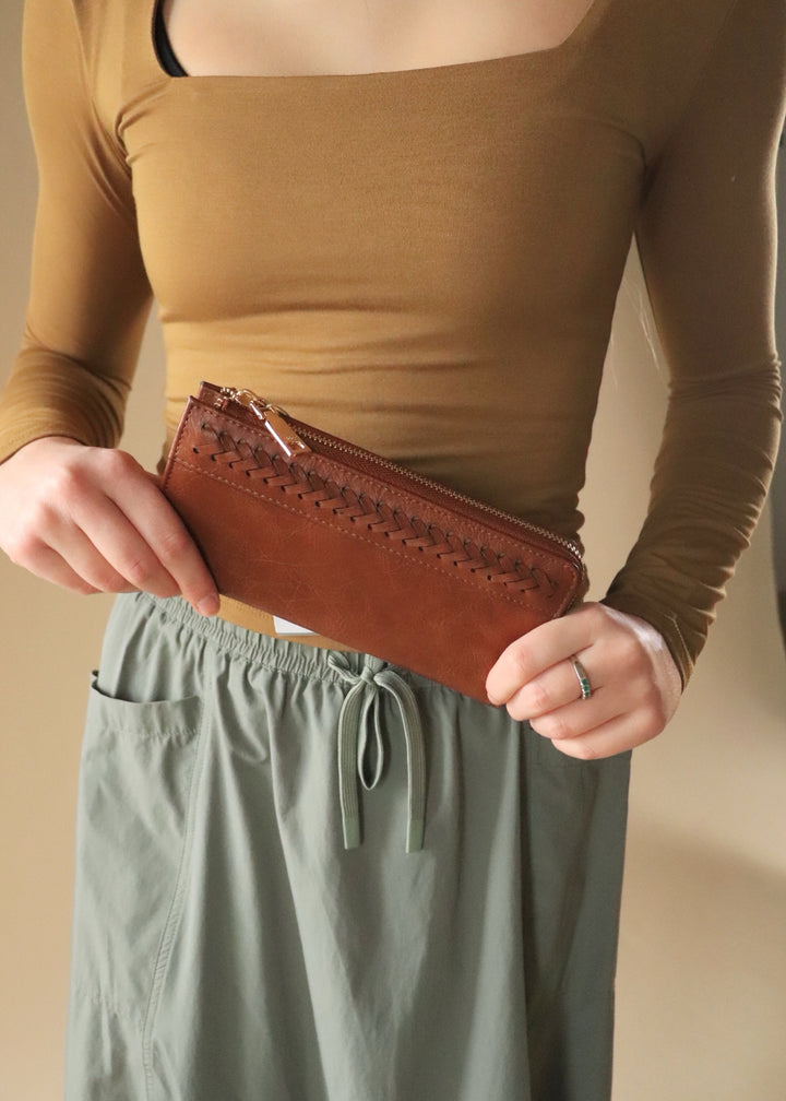 Gia Braided Detail Zip-Top Wallet in Brown