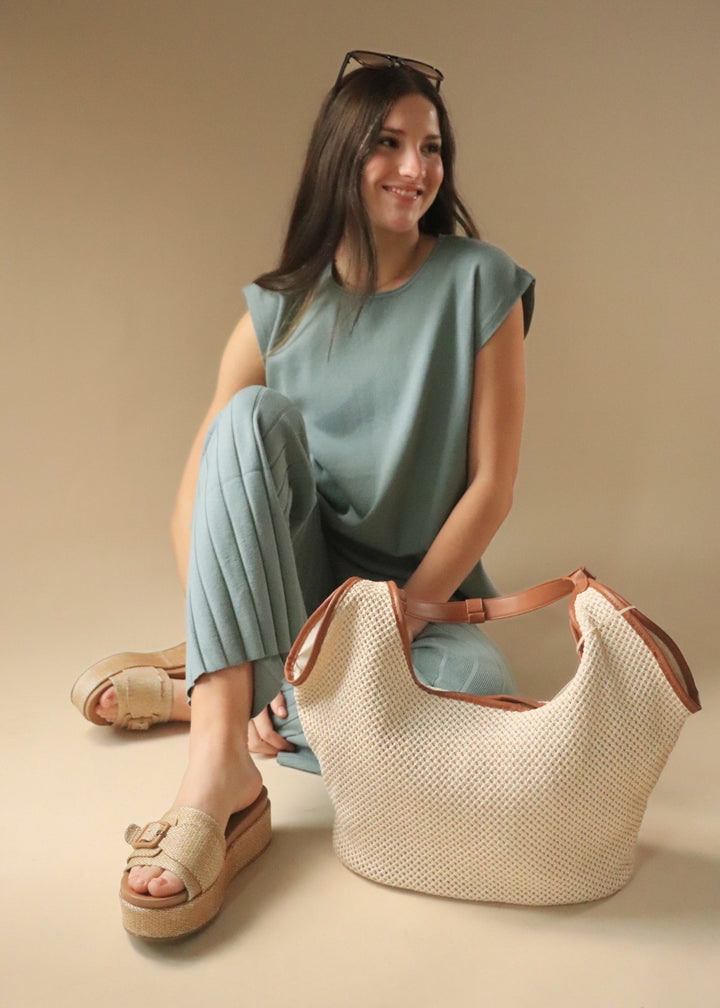 Large Faux Leather Accents Knitted Hobo Shoulder Bag