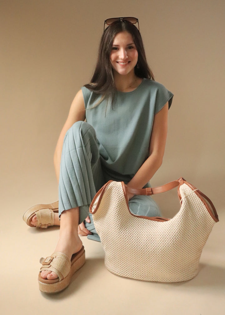 Large Faux Leather Accents Knitted Hobo Shoulder Bag