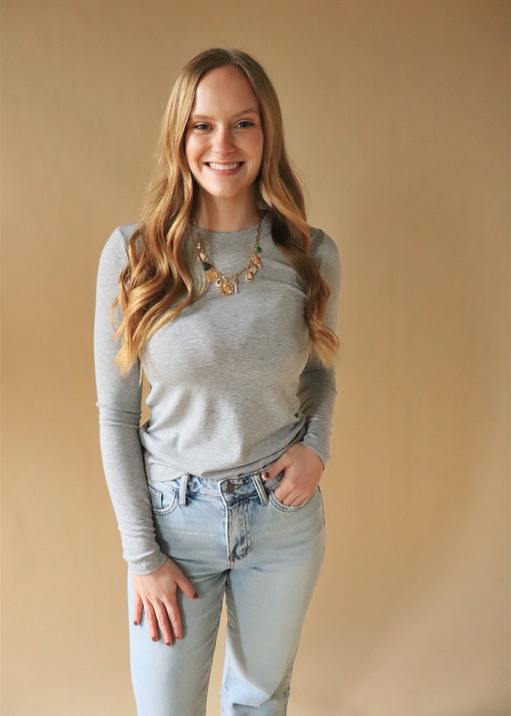 Round Neck Long Sleeve Top in Heather Grey