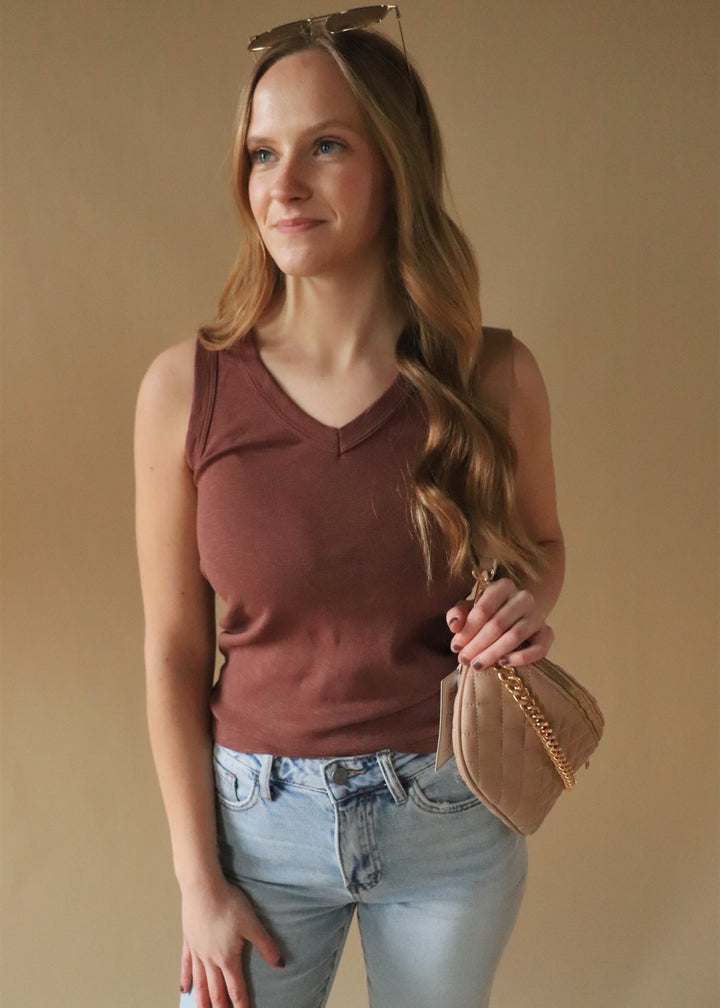 August Racerback Slub Cotton Tank in Sepia