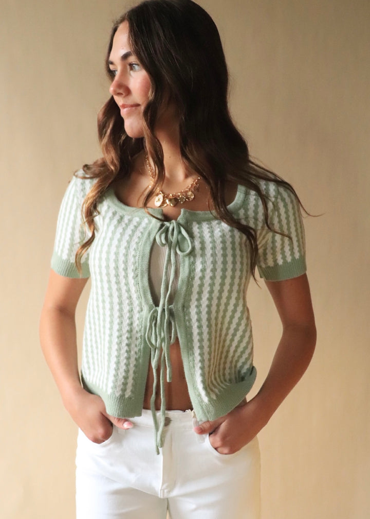 Sage Tie Front Textured Stripe Cardigan Top