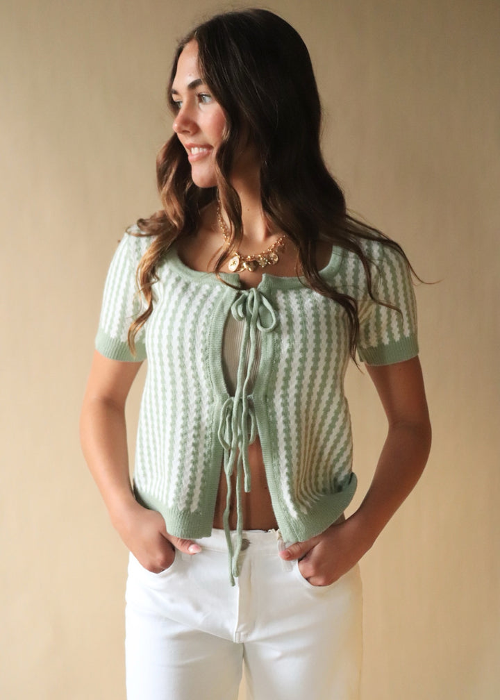 Sage Tie Front Textured Stripe Cardigan Top