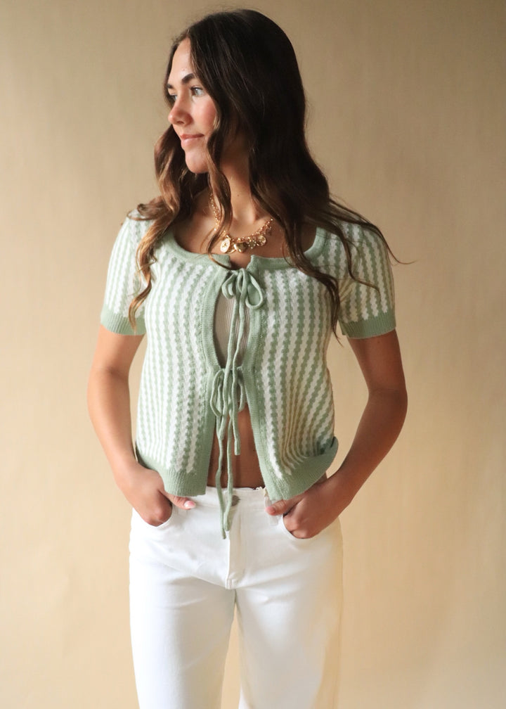Sage Tie Front Textured Stripe Cardigan Top