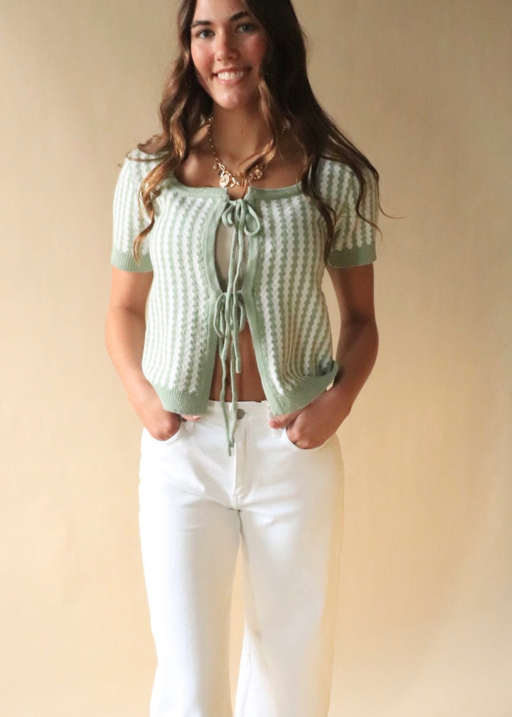 Sage Tie Front Textured Stripe Cardigan Top