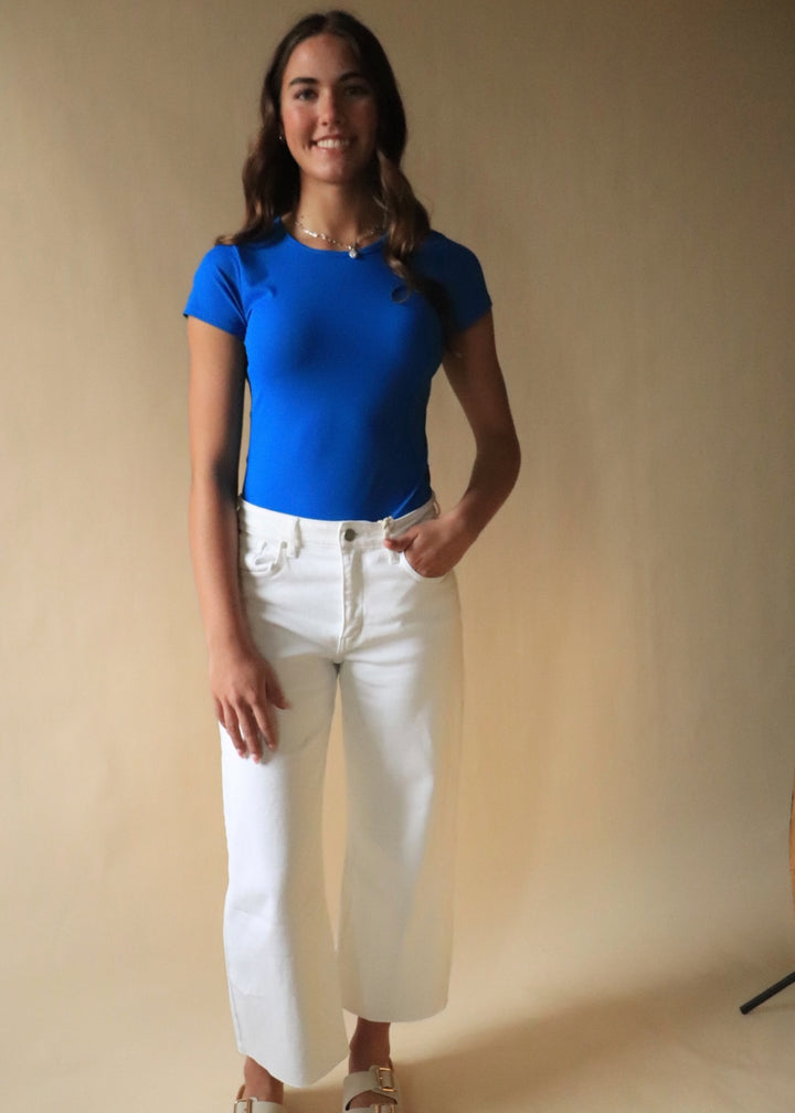 Finley Micro Ribbed Round Neck Bodysuit in Blue