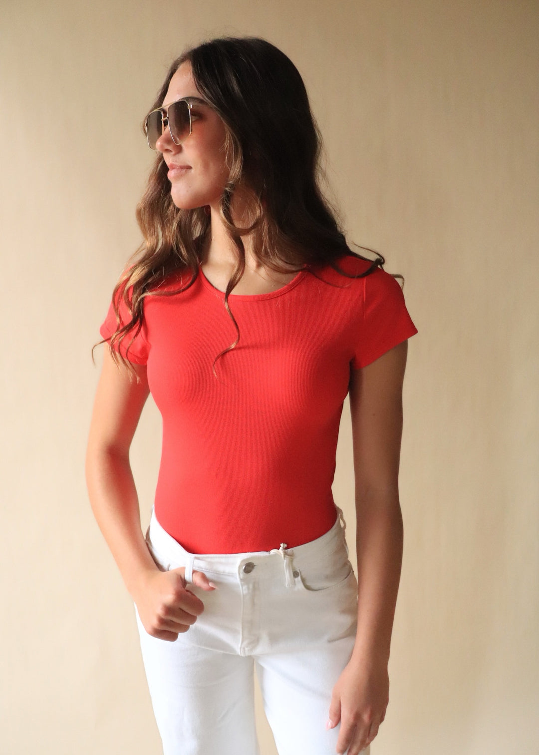 Finley Micro Ribbed Round Neck Bodysuit in Red