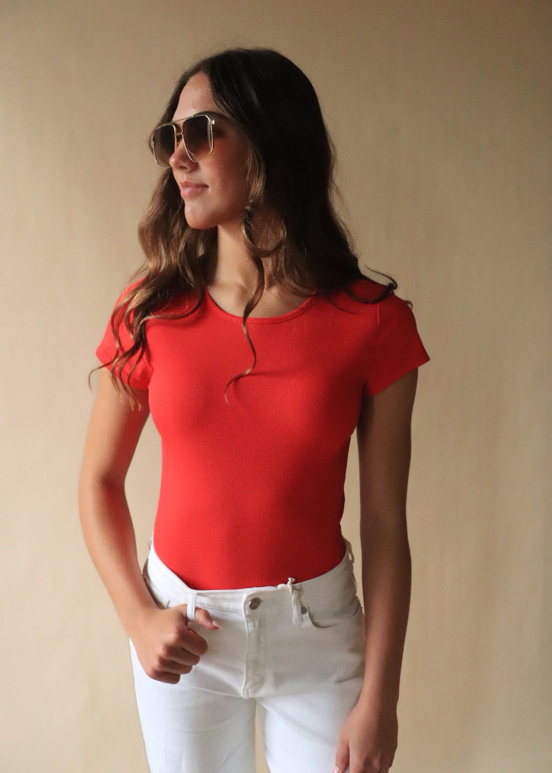 Finley Micro Ribbed Round Neck Bodysuit in Red
