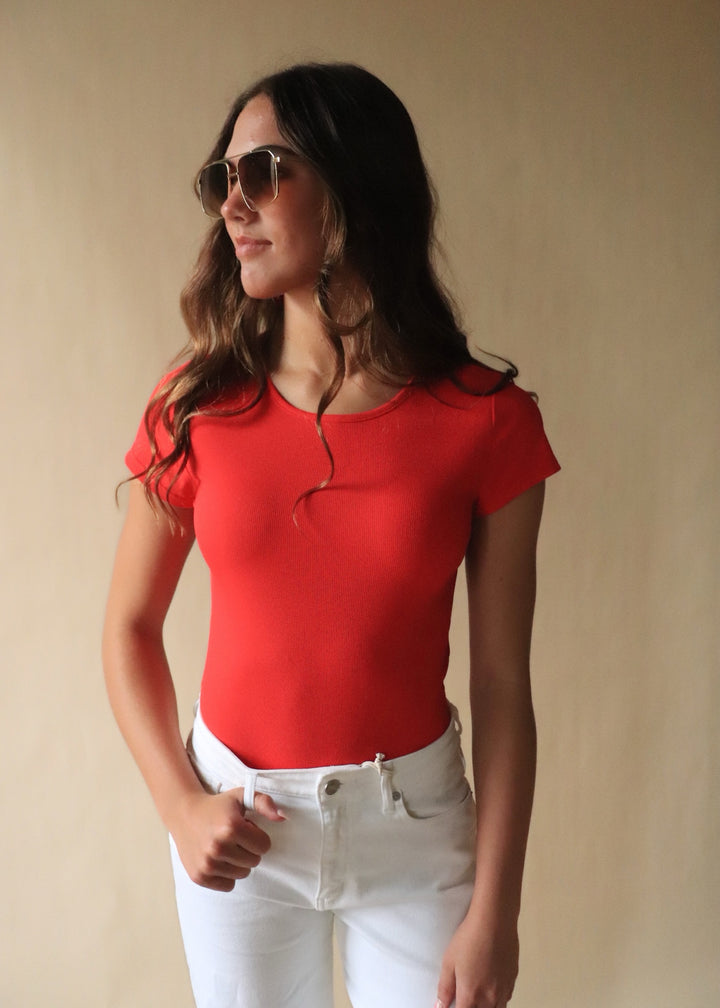 Finley Micro Ribbed Round Neck Bodysuit in Red