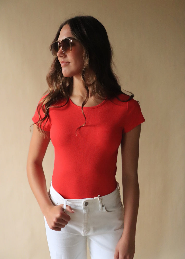 Finley Micro Ribbed Round Neck Bodysuit in Red