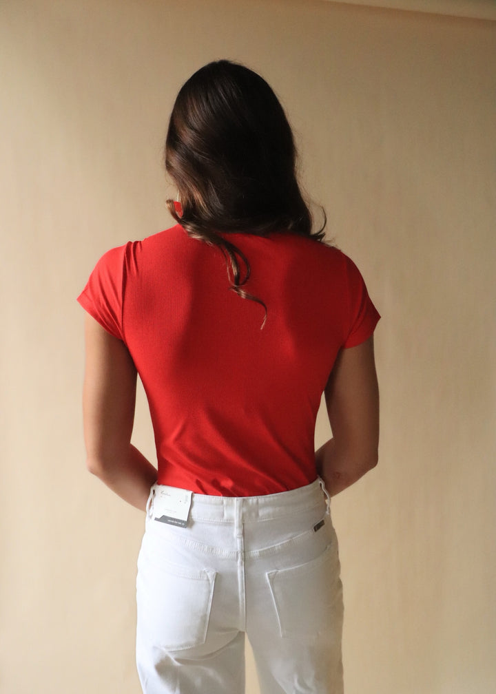 Finley Micro Ribbed Round Neck Bodysuit in Red