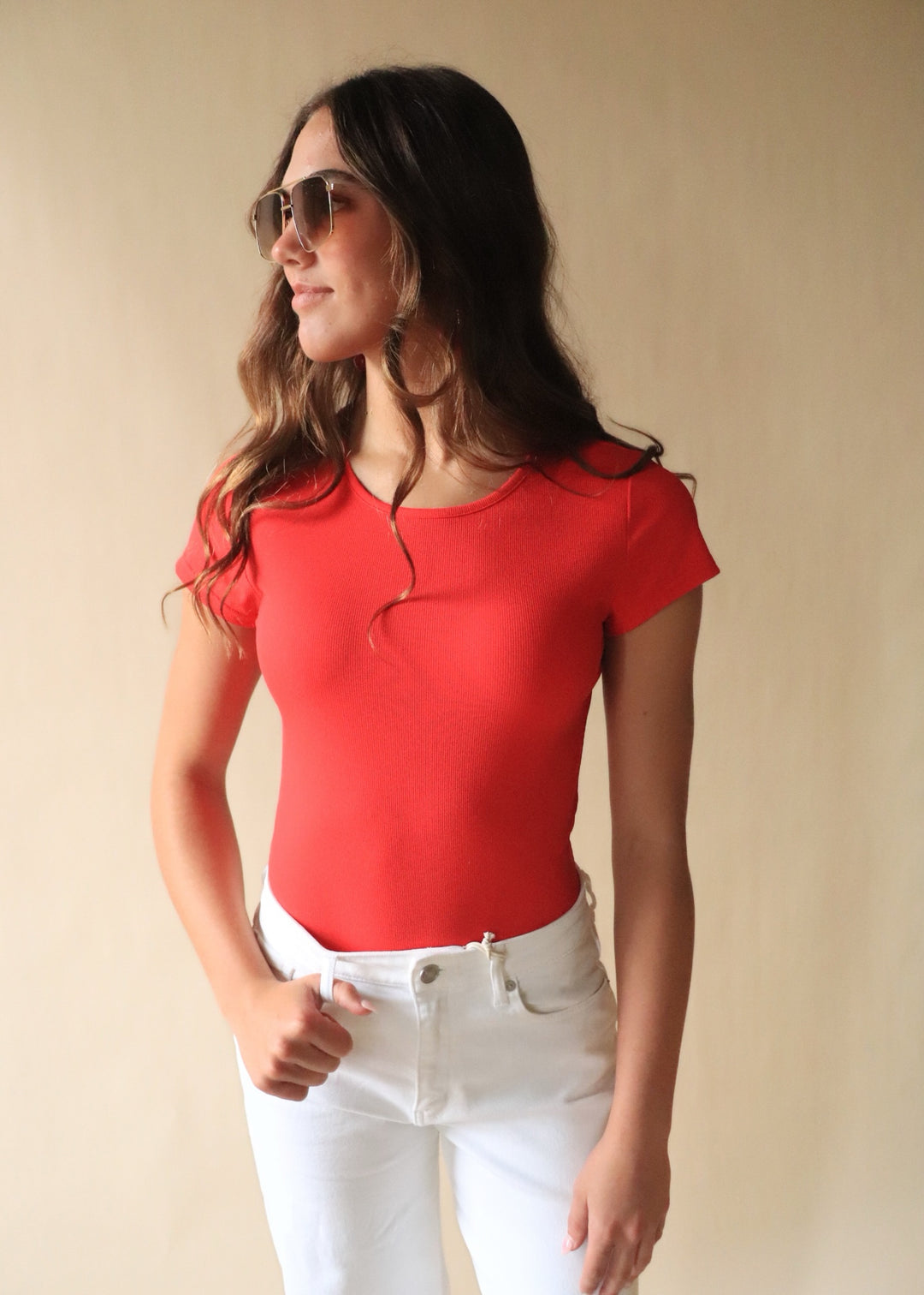 Finley Micro Ribbed Round Neck Bodysuit in Red