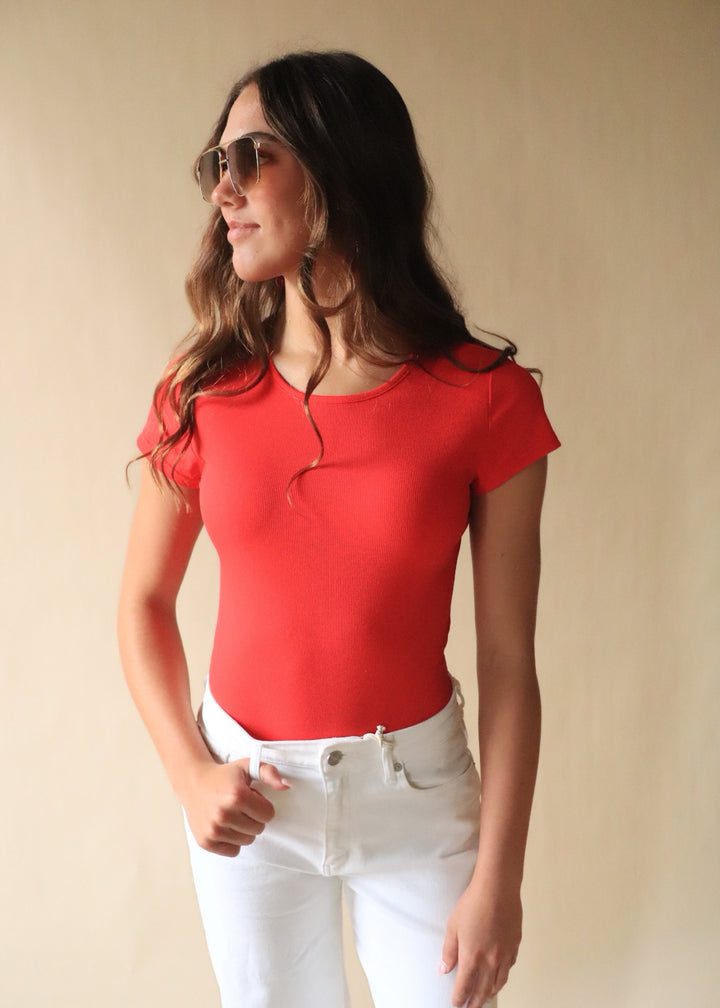 Finley Micro Ribbed Round Neck Bodysuit in Red