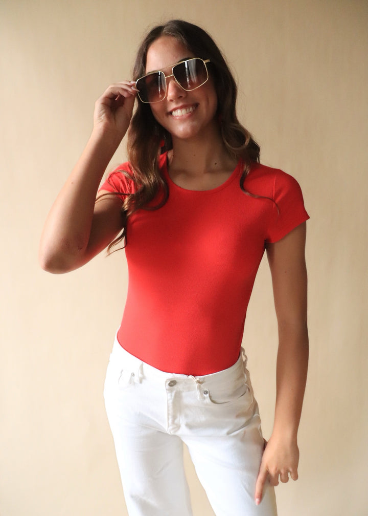 Finley Micro Ribbed Round Neck Bodysuit in Red
