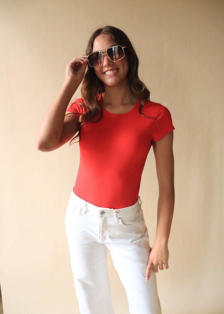 Finley Micro Ribbed Round Neck Bodysuit in Red