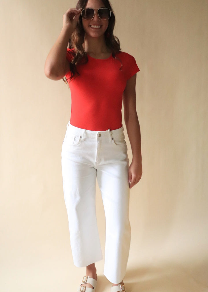 Finley Micro Ribbed Round Neck Bodysuit in Red
