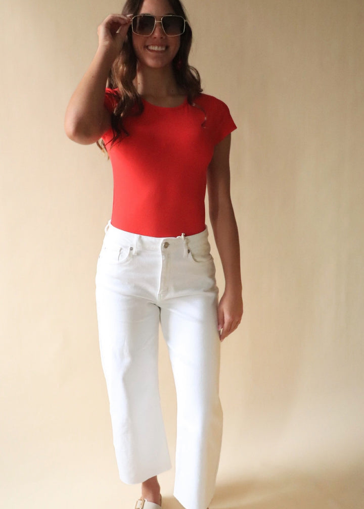 Finley Micro Ribbed Round Neck Bodysuit in Red