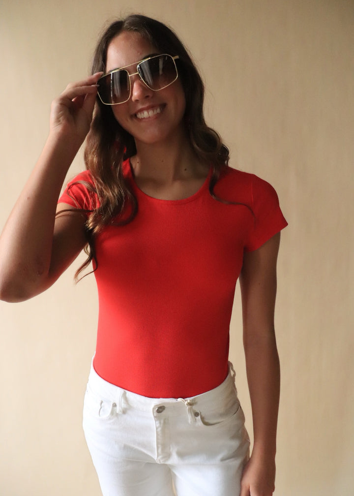 Finley Micro Ribbed Round Neck Bodysuit in Red
