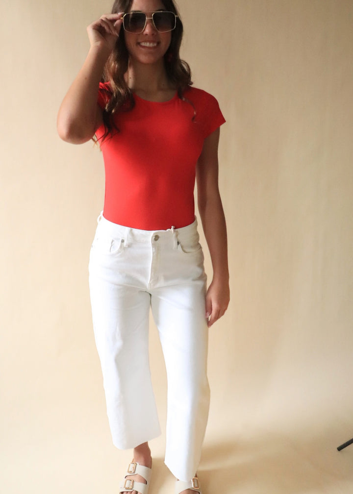 Finley Micro Ribbed Round Neck Bodysuit in Red