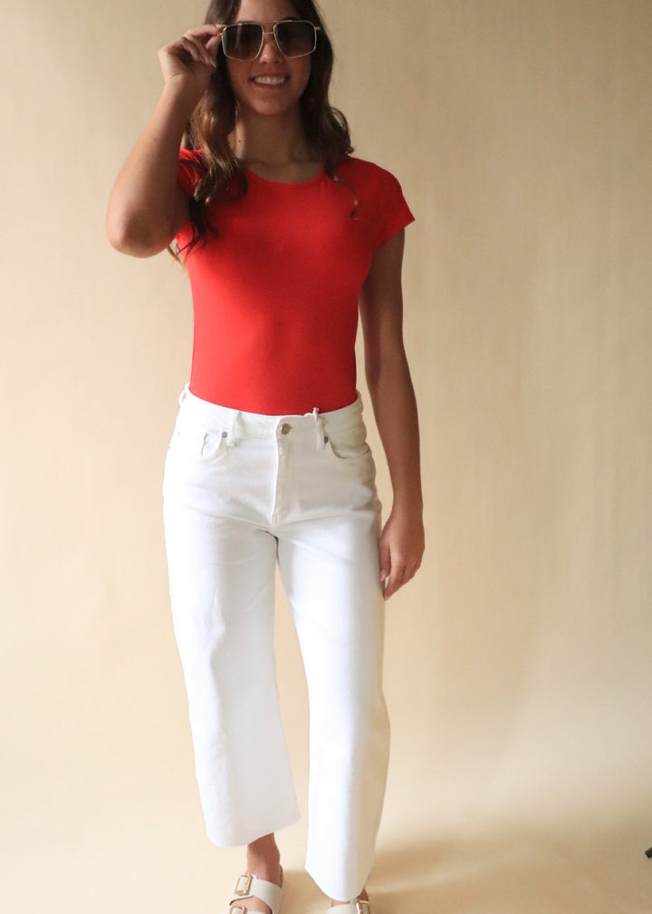 Finley Micro Ribbed Round Neck Bodysuit in Red