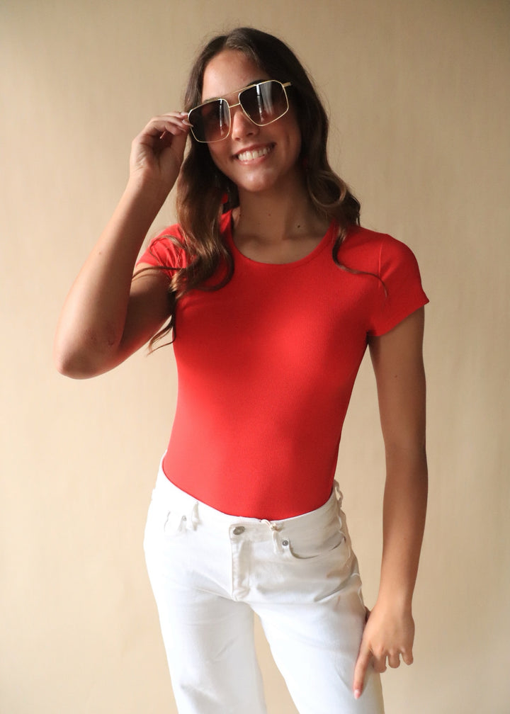 Finley Micro Ribbed Round Neck Bodysuit in Red