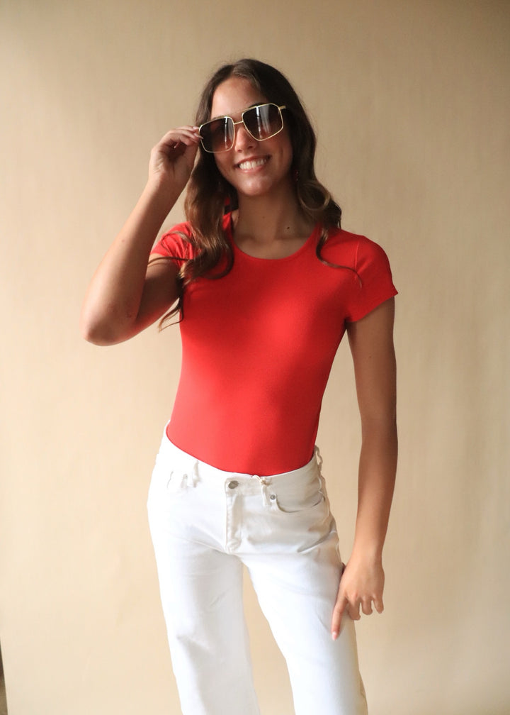 Finley Micro Ribbed Round Neck Bodysuit in Red