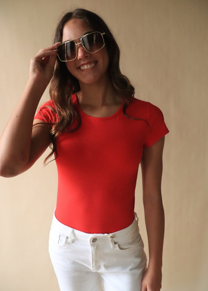 Finley Micro Ribbed Round Neck Bodysuit in Red
