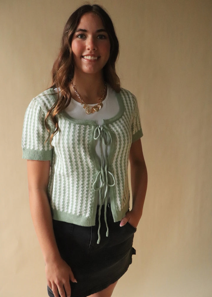 Sage Tie Front Textured Stripe Cardigan Top