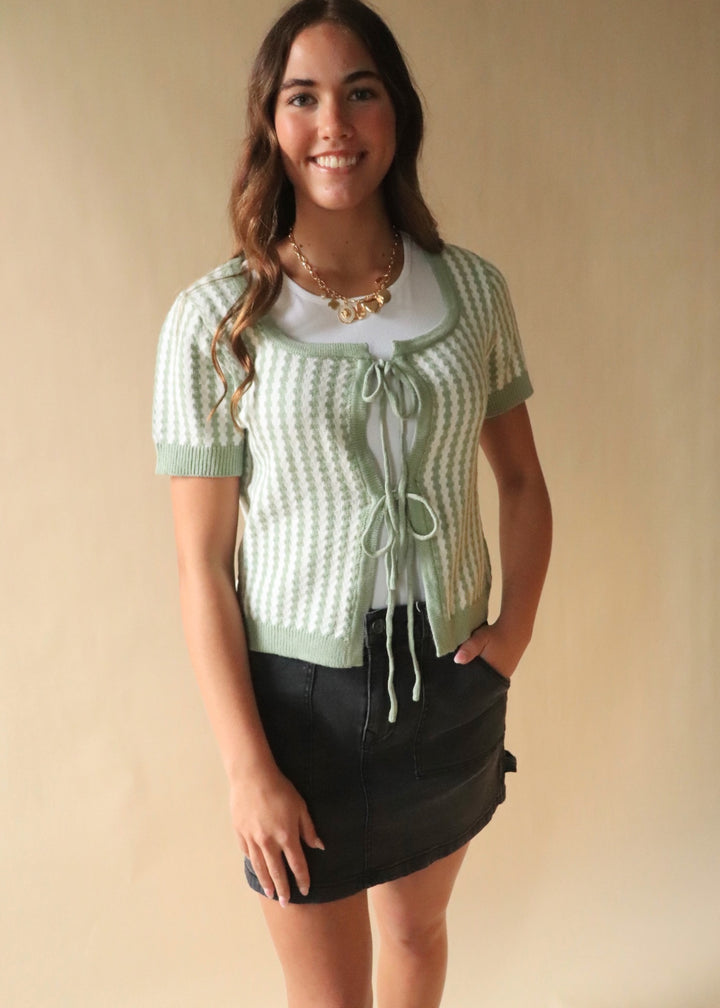 Sage Tie Front Textured Stripe Cardigan Top