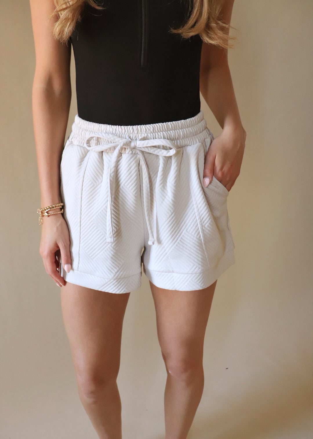 Textured Drawstring Shorts in Sand Beige