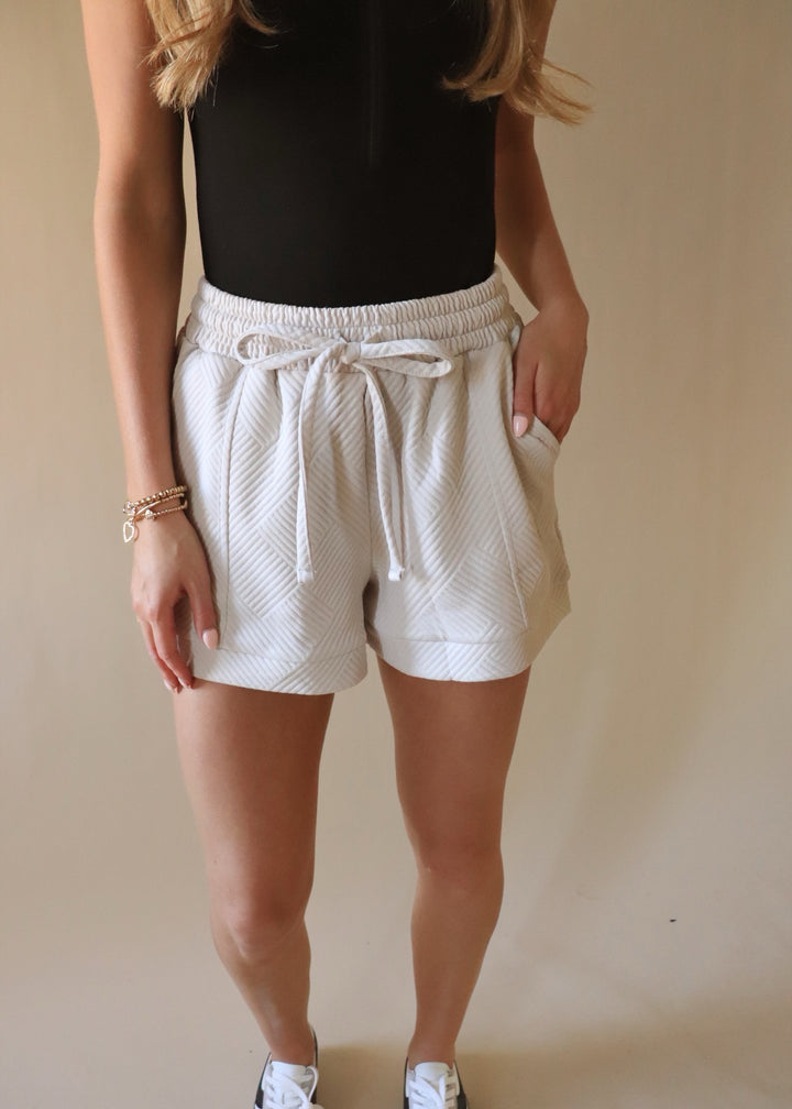 Textured Drawstring Shorts in Sand Beige